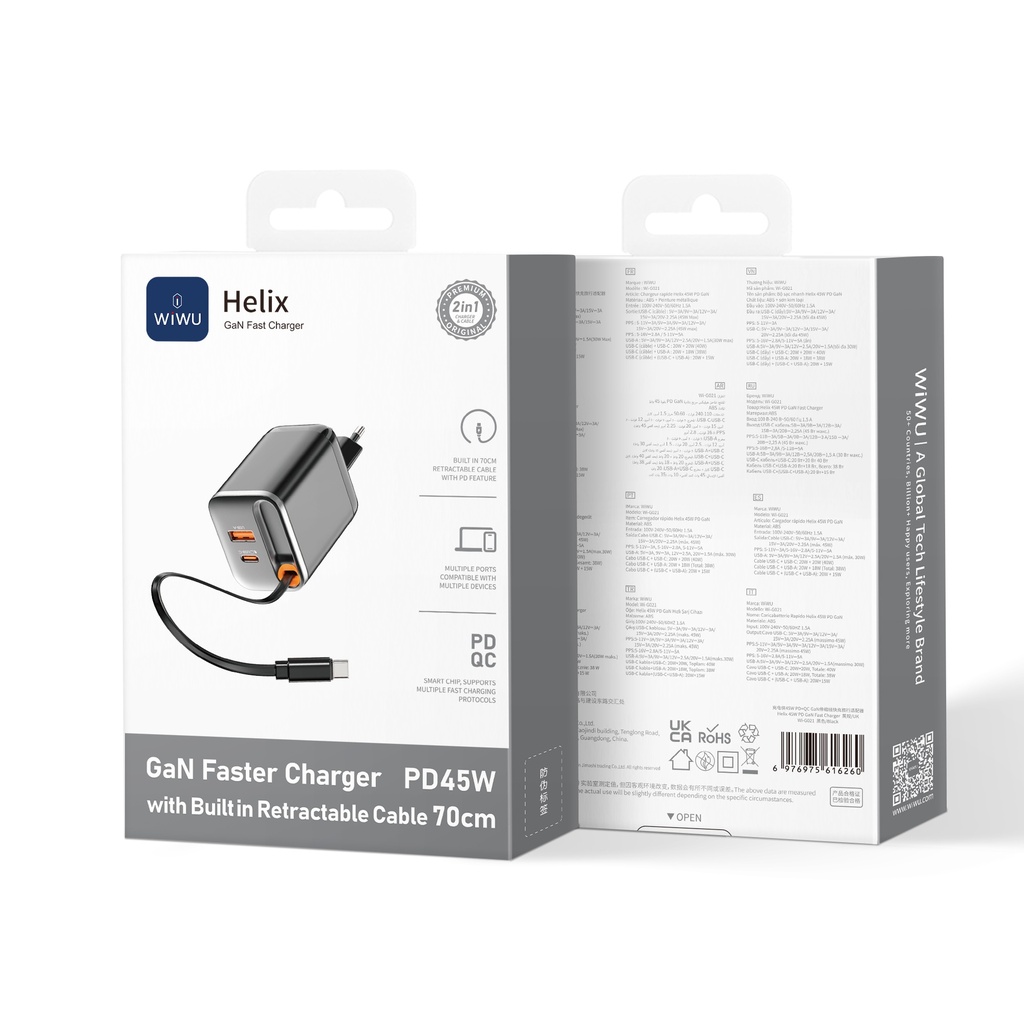CARGADOR HELIX 45W CON CABLE TIPO C NEGRO WIWU
