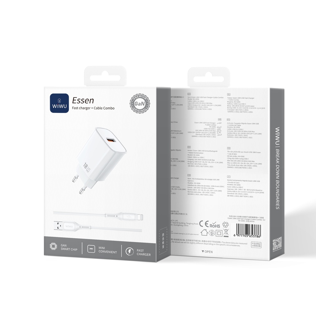 Cargador Red GaN 18W con cable USB-A a Lightning WiWU Essen