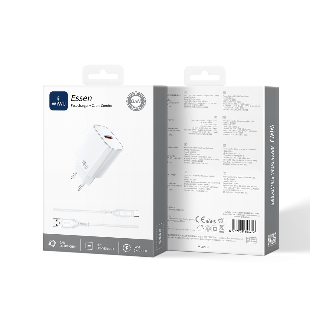 Cargador Red GaN 18W con cable USB-A a USB-C WiWU Essen