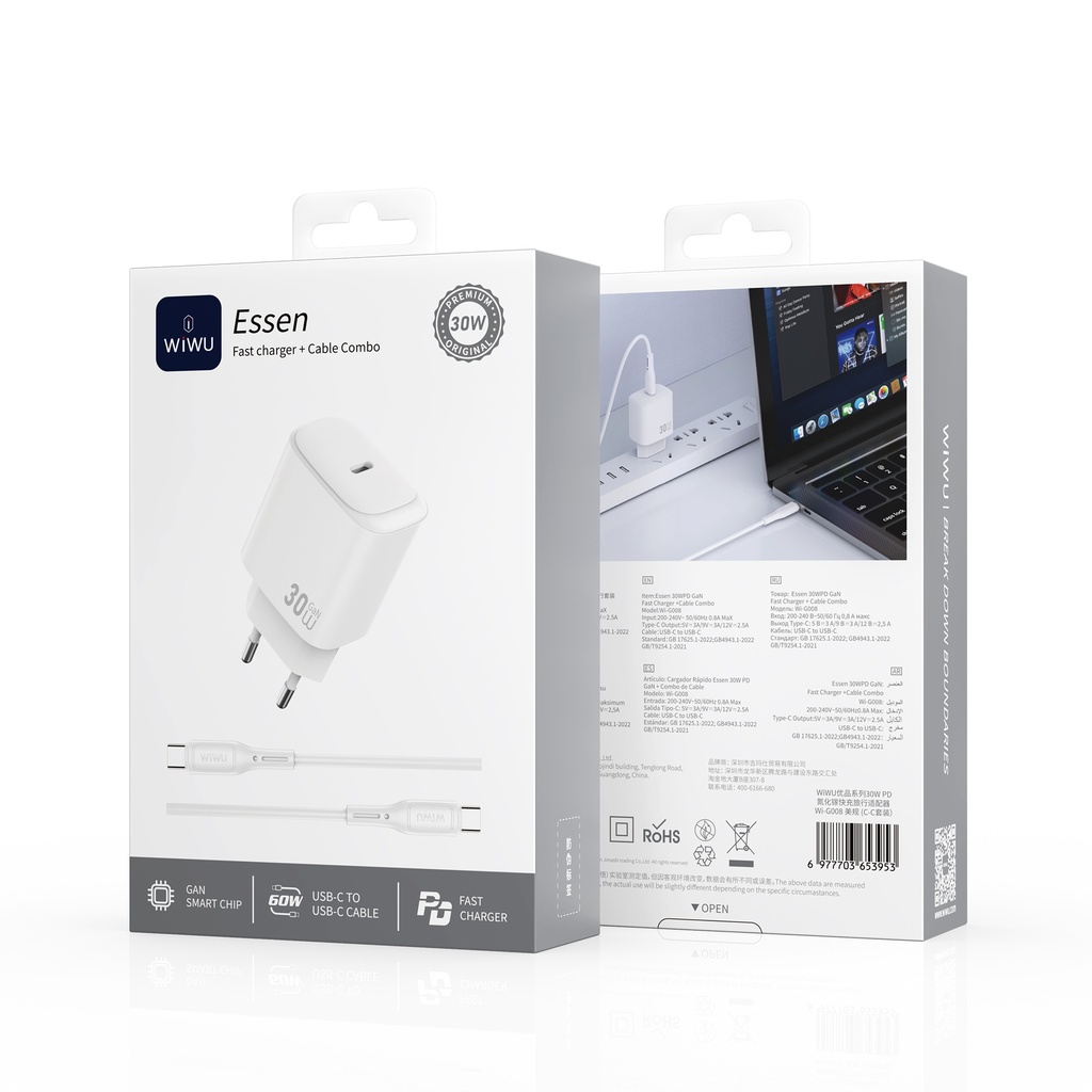 Cargador Red GaN 30W con cable USB-C a USB-C WiWU Essen